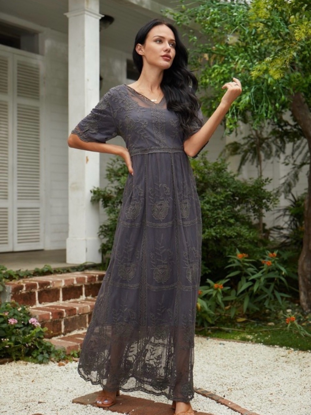 Women's Charcoal Embroidered Maxi Dress